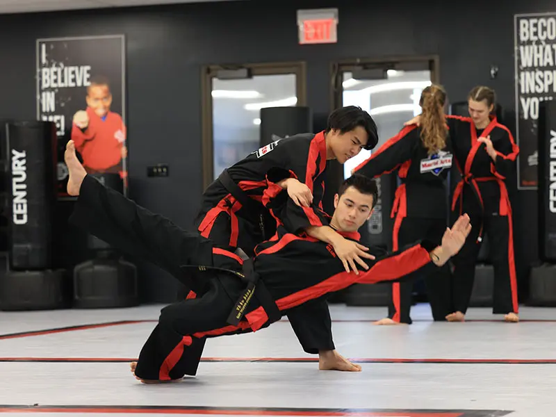 Adult martial arts students practicing self-defense techniques in Holland dojo.